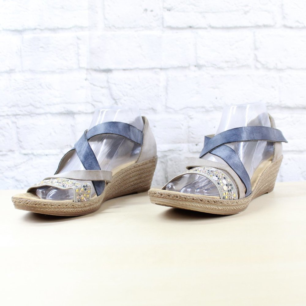 RIEKER Blue Brown Strappy Wedge Heeled Sandals Siz - Picture 2 of 9